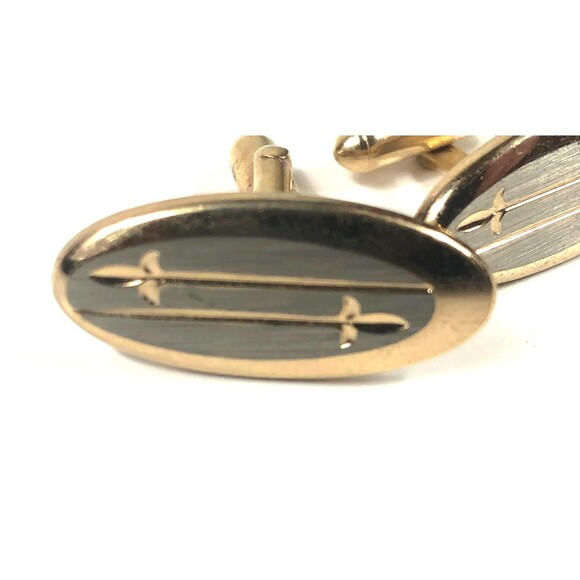 Vintage Gold Tone Cufflinks Gray Brushed Metal Oval Dual Sword Design - Picture 3 of 3